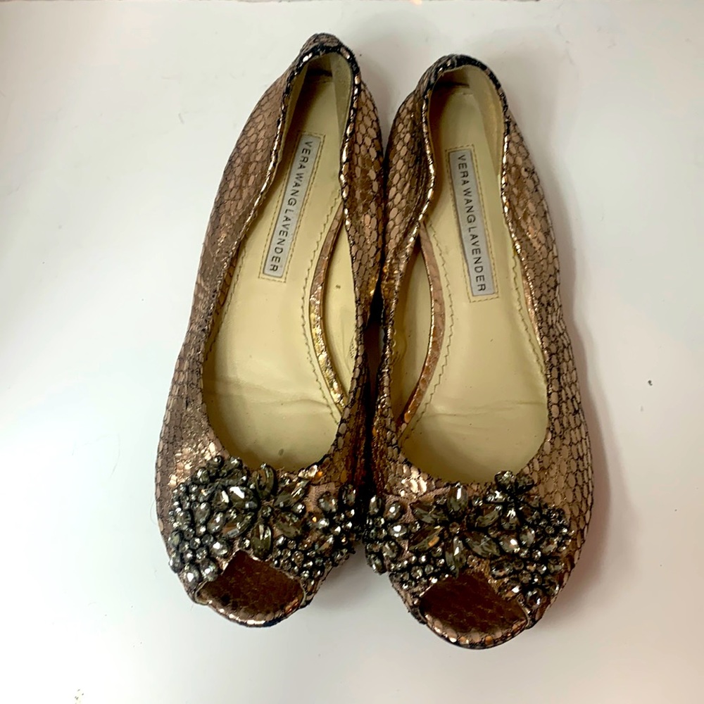 Vera Wang Lavender Leather Pink Metallic Peek Toe Rhinestone Flats